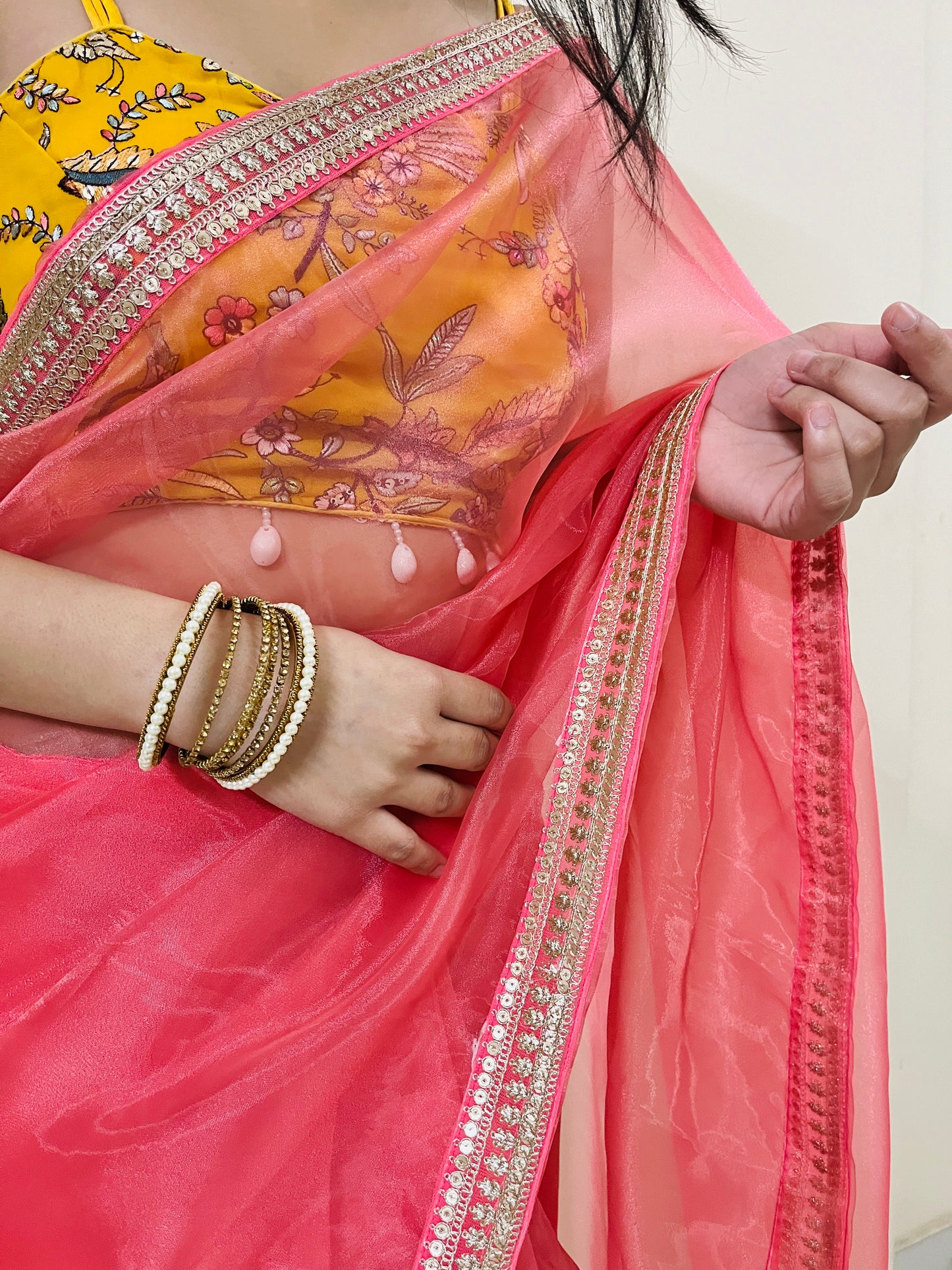 Pink Organza Saree with Tie-Up Blouse