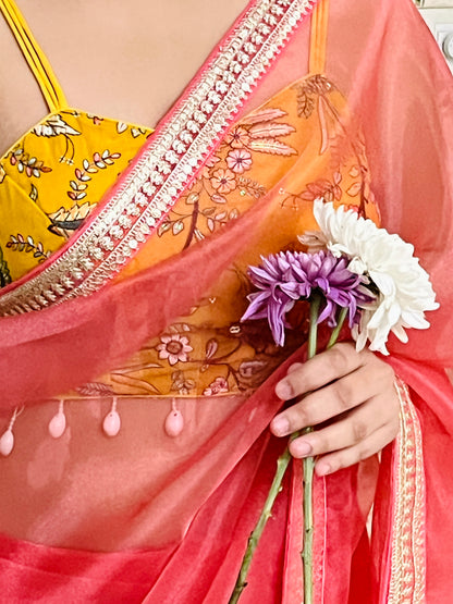 Pink Organza Saree with Tie-Up Blouse