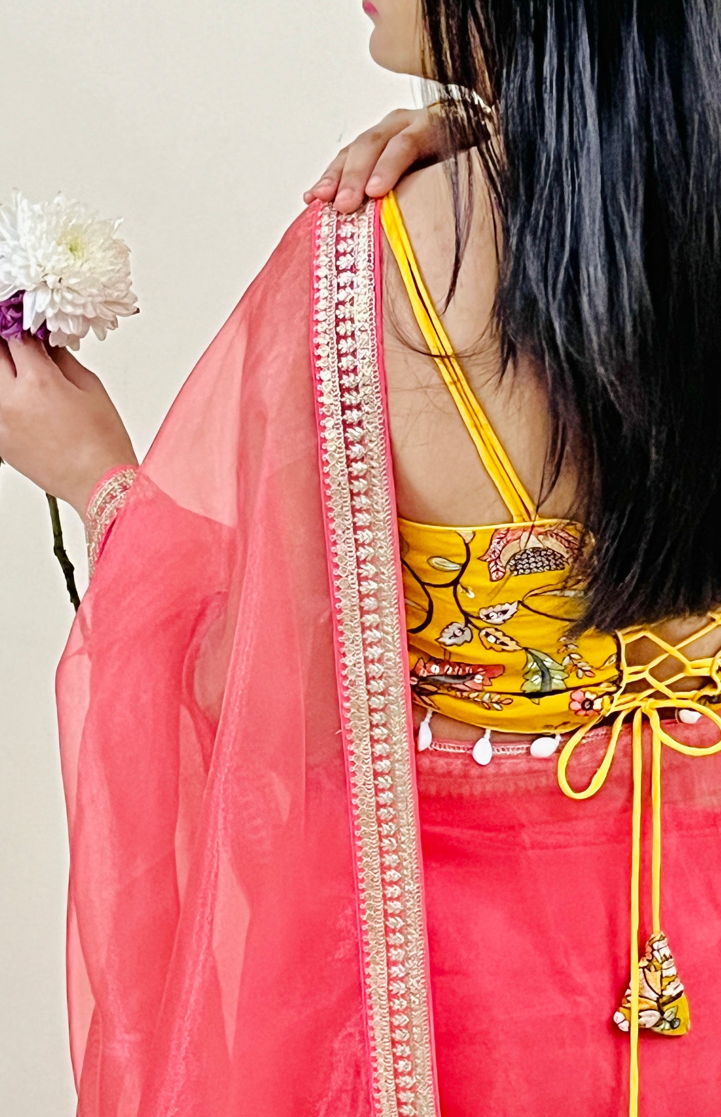 Pink Organza Saree with Tie-Up Blouse