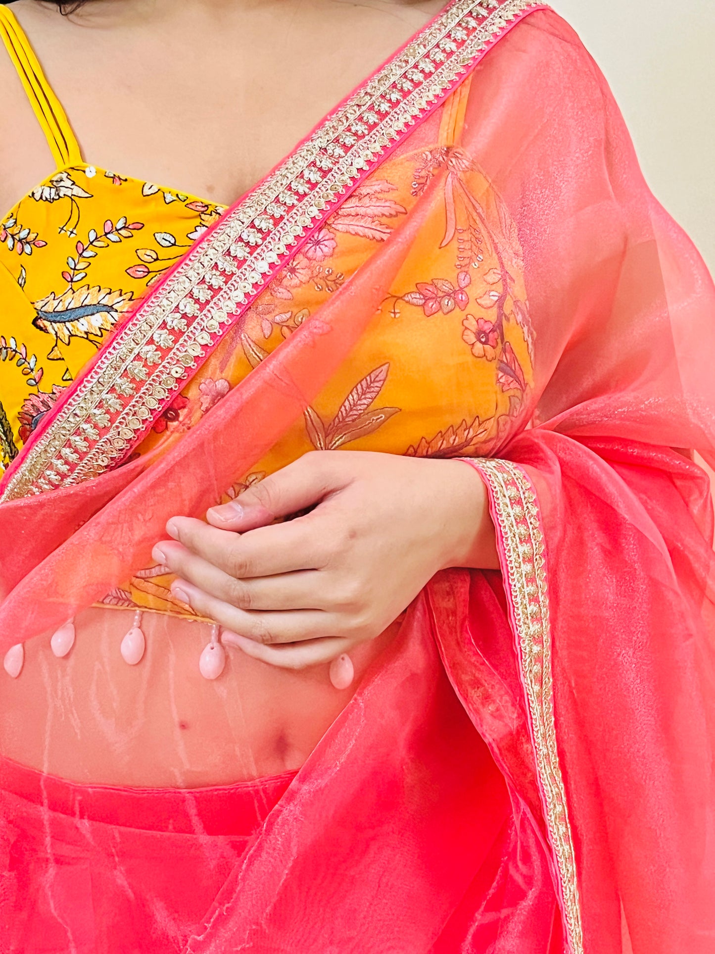 Pink Organza Saree with Tie-Up Blouse