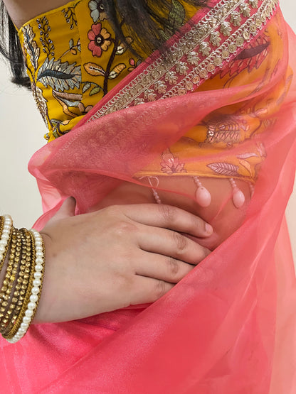 Pink Organza Saree with Tie-Up Blouse