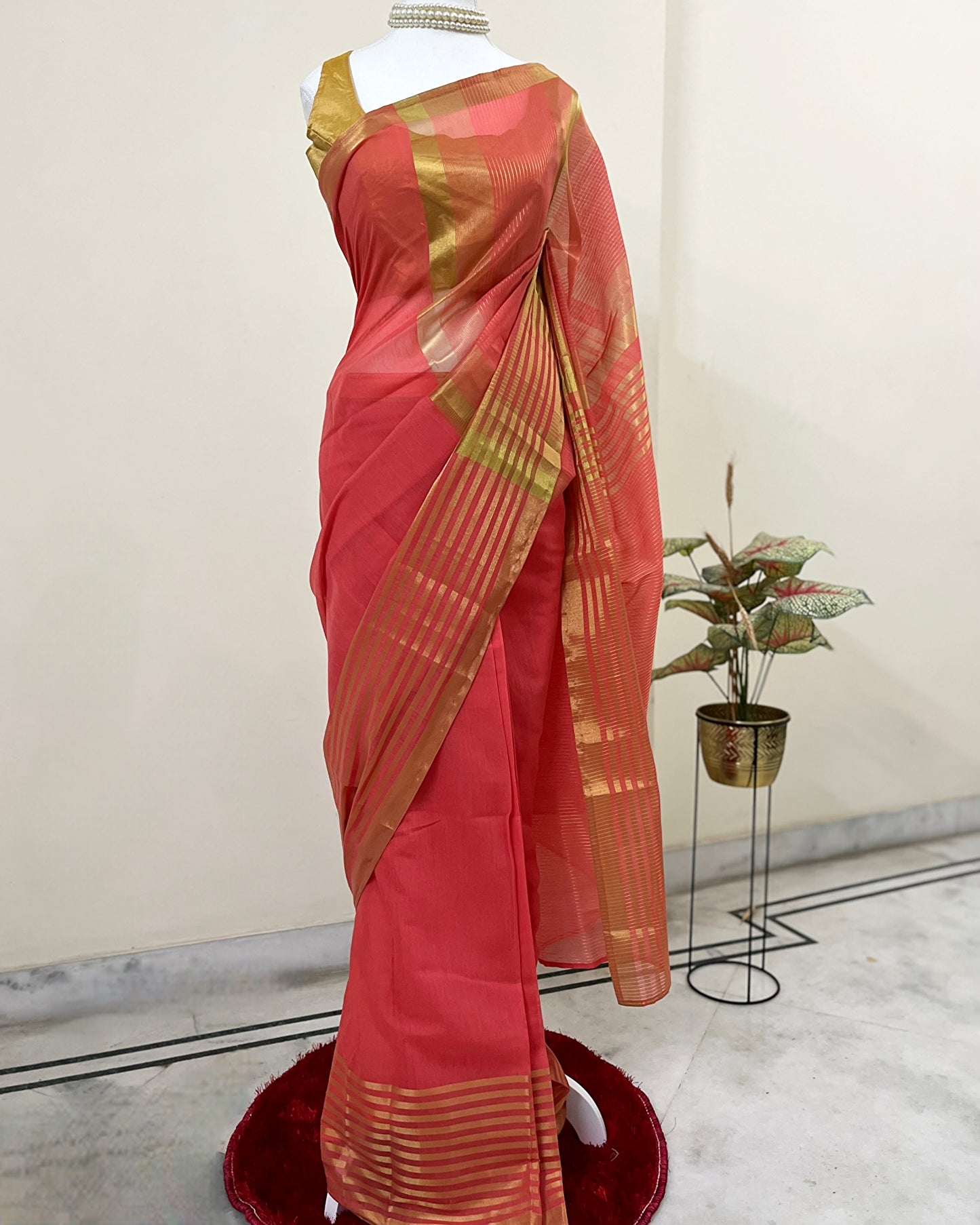 Coral Red Silk Ready-to-wear Saree