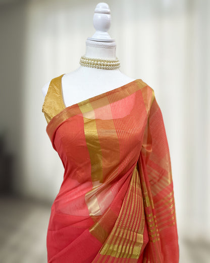 Coral Red Silk Ready-to-wear Saree