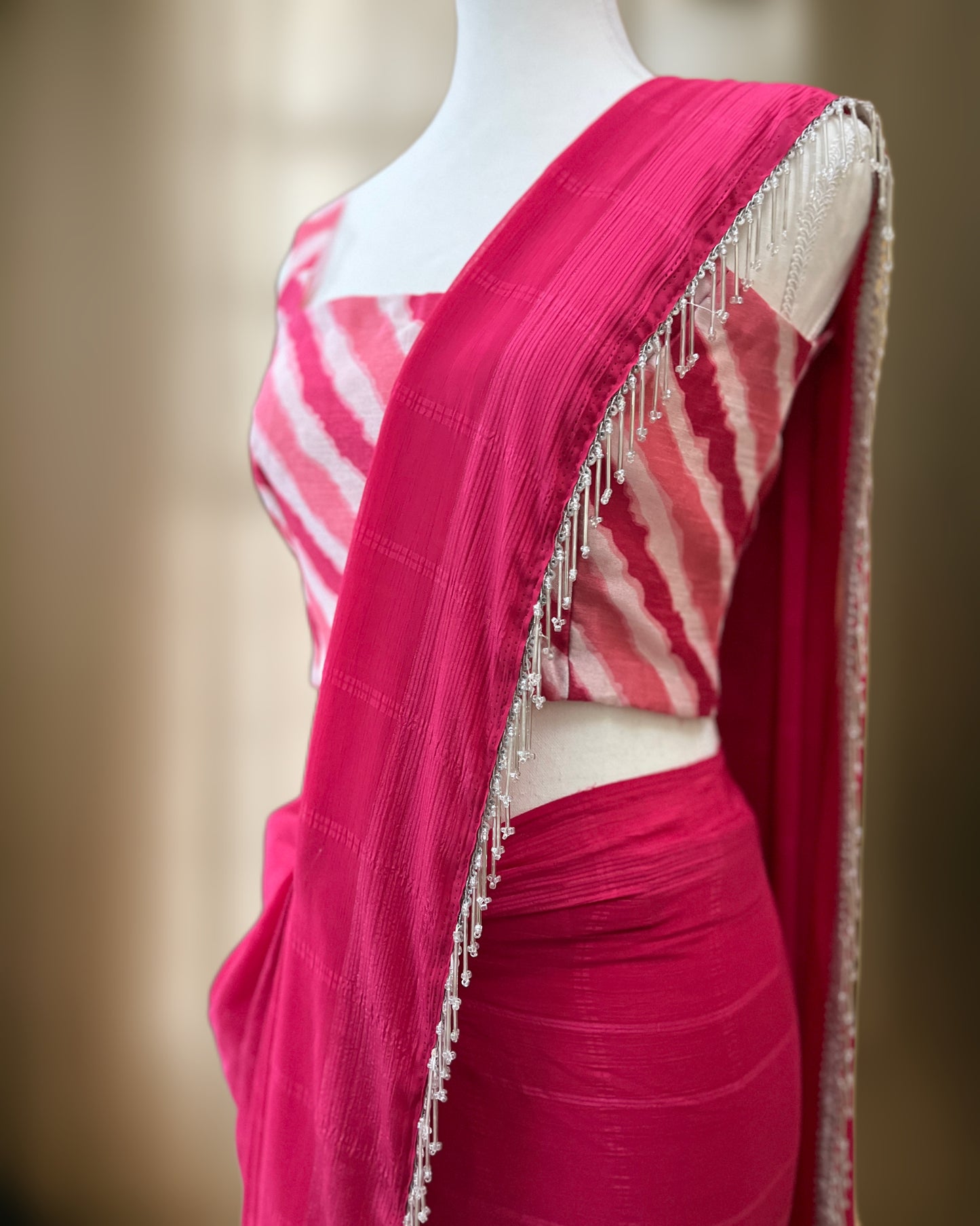 Hot Pink Georgette Ready-To-Wear Saree