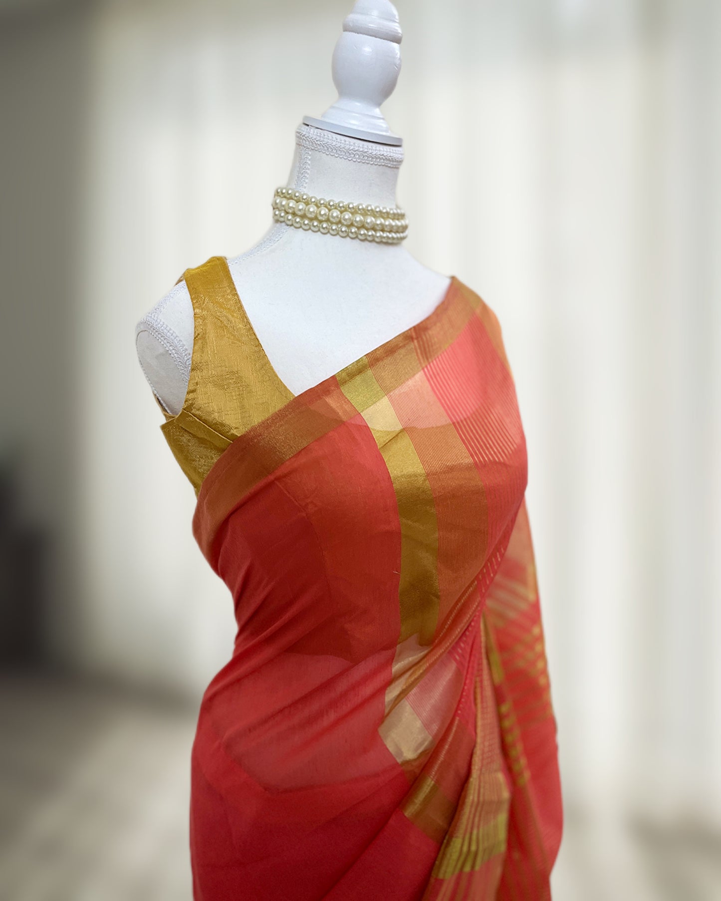 Coral Red Silk Ready-to-wear Saree