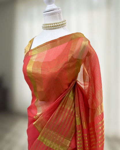 Coral Red Silk Ready-to-wear Saree