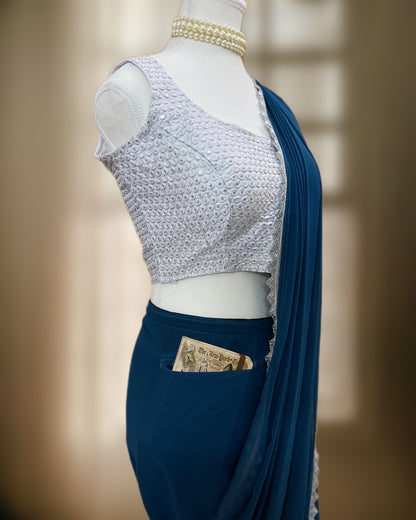 Dark Blue Georgette Pre-Stitched Saree with Blouse