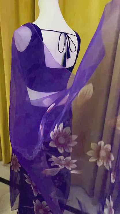 Purple Organza Printed Ready-To-Wear Saree